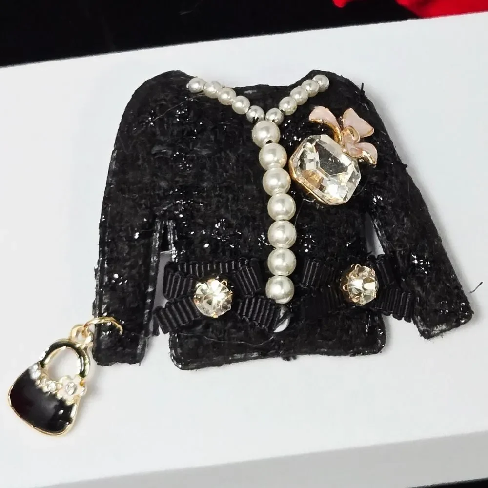 Black Blazer Brooch Pearl Rhinestone Bow Handbag Dangle Mini Couture Lapel Pin